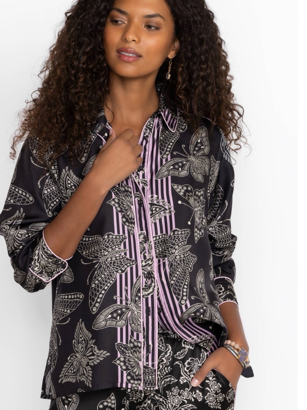 Johnny Was Silk Black Button-Down Blouse with Lavender & Cream Butterfly Print